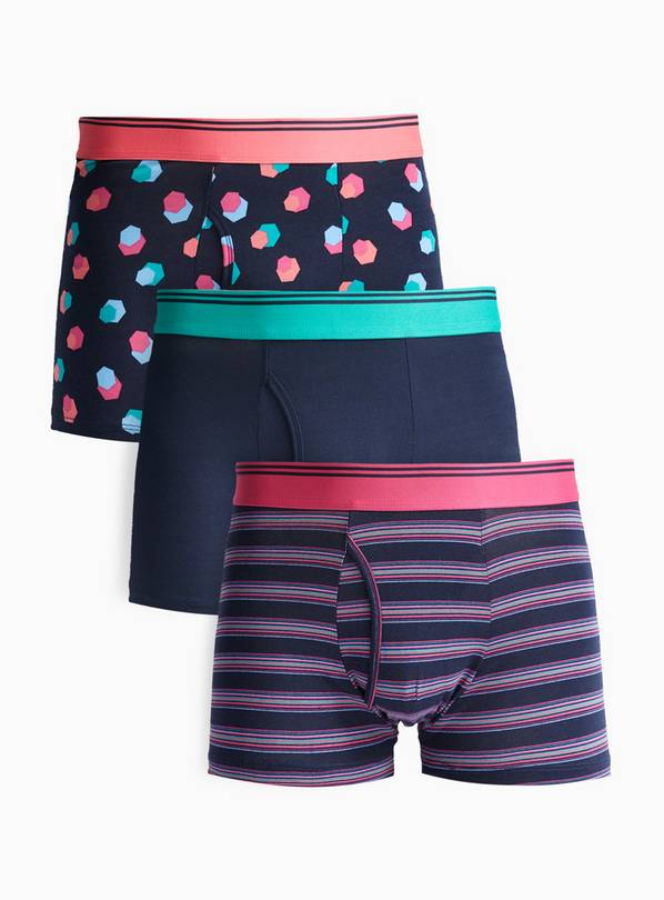 Navy Fun Print Boxer Trunks 3 Pack S